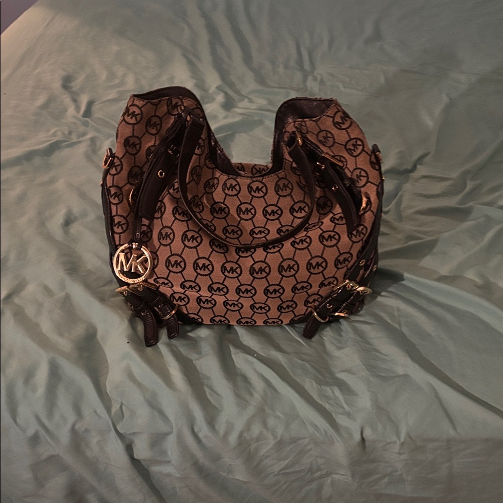 Michael Kors Tan and Brown Monogram Hobo Bag
